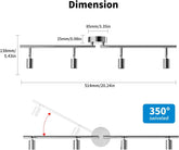Dimensions and swivel feature of a ceiling light fixture on a white background